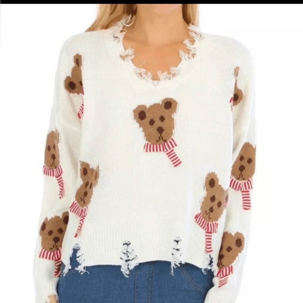 No Comment Distressed Festive Christmas Sweater with Teddy Bears M